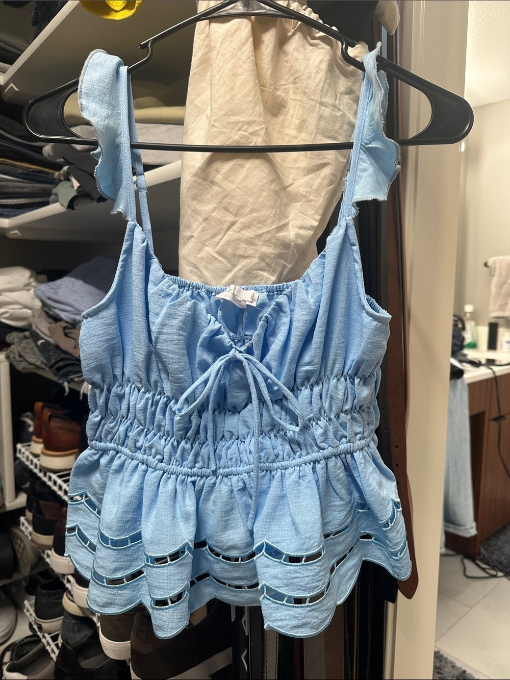 All in Favor Light Blue Ruffled Tie-Front Smocked Cami